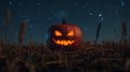 Carved Jack-o\'-Lantern Glowing in a Field Under a Starry Night Sky Royalty Free Stock Photo