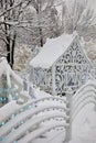 Carved little house and artificial fir-trees