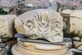 Carved marble chunk from antiquity carefully stacked by archeologists near the Parthenon on the Athens Accropolis