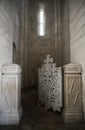 Carved marble door inside the Transfiguration Cathedral built in 1157 in the city of Pereslavl-Zalessky, Russia