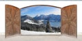 Carved open double door with view to lake and the alps