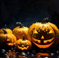 Carved orange pumpkins on dark background. Halloween decoration. Generative AI content. Royalty Free Stock Photo
