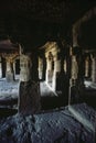 Carved pillars and Interior of Aurangabad Caves no. three