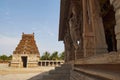 Carved Pillars of Kalyana Mandapa, Divine Marriage Hall, and Gopuram on the East. Pattabhirama Temple, Hampi, Karnataka. View from