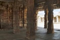 Carved pillars of the maha-mandapa, Krishna Temple, Hampi, Karnataka. Interior view. Sacred Center. A large open prakara is seen i