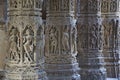 Carved pillars of the Sun Temple. Built in 1026 - 27 AD during the reign of Bhima I of the Chaulukya dynasty, Modhera village of