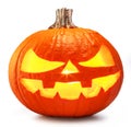 Carved pumpkin for Halloween jack-o\'-lanterns with scary smiles and burning candle inside isolated on white background Royalty Free Stock Photo