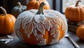 A carved pumpkin with intricate, white leaf patterns covers the surface, showcasing precise artistry Royalty Free Stock Photo