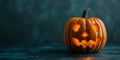 A carved pumpkin with a lit candle inside on a dark blue background Royalty Free Stock Photo