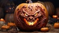 A carved pumpkin sitting on top of a pile of pumpkins, AI Royalty Free Stock Photo