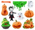 Carved pumpkins, cupcake, sticky drips, ghosts, vampire. Characters and objects 3d vector set Royalty Free Stock Photo