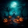 Carved pumpkins with evil faces on the cemetery. Halloween background. Generative AI Royalty Free Stock Photo