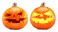 Carved pumpkins for Halloween jack-o\'-lanterns with scary smiles and one with burning candle inside Royalty Free Stock Photo