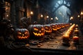 Carved pumpkins on rustic table evoke Halloweens enchanting ambiance