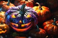 Carved purple pumpkins on dark background. Halloween decoration. Generative AI content. Royalty Free Stock Photo