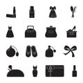 Carved silhouette flat icon, simple vector design. Set of icons on female theme. Lipstick, dress, women`s handbag, shoes, perfume, Royalty Free Stock Photo