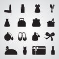 Carved silhouette flat icon, simple vector design. Set of icons on female theme. Lipstick, dress, women`s handbag, shoes, perfume, Royalty Free Stock Photo