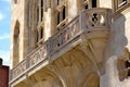 carved stone balcony on stone exterior wall. finely sculpted details in Budapest. Royalty Free Stock Photo