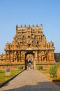 Carved Stone Gopuram and entrance gate of the Brihadishvara Temple, Thanjavur, Tamil Nadu, India. Royalty Free Stock Photo