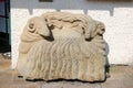 Carved stone sheep seat, Kirkby Stephen, Cumbria