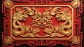 Carved tablet with golden dragons, symmetrical oriental ornament on a red background