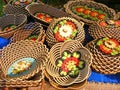 Carved traditional russian and slavic wooden tableware, handmade kitchen dishes and tableware, belarussian culture