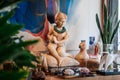 Carved wood woman and bird sculpture for home decoration