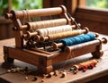 A carved wooden ÃandutÃ­ weaving loom with multicolored threads lying on a rustic tabletop Royalty Free Stock Photo