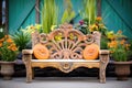 carved wooden bench by flower garden Royalty Free Stock Photo