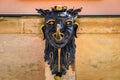 Carved wooden sculpture on a 16th century half timbered house, Strasbourg France