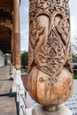 carved wooden column with oriental islamic pattern Uzbek ornament in the Museum of Political Repression in Tashkent