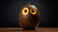 A carved wooden object with eyes and a mouth made of fruit, AI