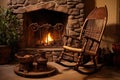 a carved wooden rocking chair placed near a fireplace