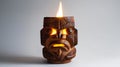 Carved wooden tiki torch with a lit flame, glowing eyes and mouth, against a gray background Royalty Free Stock Photo