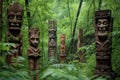 carved wooden totems amidst dense foliage