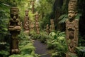 carved wooden totems amidst dense foliage