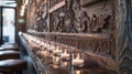 A carved wooden wall adorned with floating candle sconces adds a touch of rustic charm to the space. 2d flat cartoon