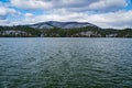 Carvin Cove Reservoir with a Snowy background of Tinker Mountain