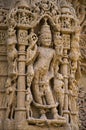 Carving details on the pillar of the Sun Temple. Built in 1026 - 27 AD during the reign of Bhima I of the Chaulukya dynasty, Modhe