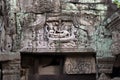 Carving of Hindu Vishnu god reclining on serpent on lintel at the 12th century Preah Khan temple