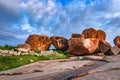 Carving stone of hampi ruins with bright blue sky background