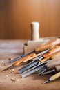 Carving and woodworking tools on wooden workbench in carpentry workshop. Wood processing and joinery work Royalty Free Stock Photo