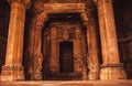 Carvings and reliefs inside sacred Hindu temple in Khajuraho, India. Artworks and altar in 10th century temple