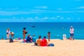 Carvoeiro, Portugal, June 19, 2021: People are sunbathing on Pra