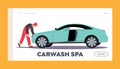 Carwash Spa Landing Page Template. Car Wash Service Worker Character Wearing Uniform Washing and Cleaning Automobile