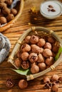 Carya illinoinensis (Wangenh.),Carya cathayensis Sarg,Walnuts are a recreational nut snack with a hard shell Royalty Free Stock Photo