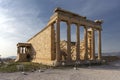 Caryatid Porch of the Erechtheion on the Acropolis at Athens. The ancient Erechtheion temple with the beautiful Caryatid pillars Royalty Free Stock Photo