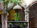 Casa de l`Ardiaca, courtyard with a fountain in the foreground. Barri Gotic, Barcelona Royalty Free Stock Photo