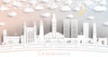 Casablanca Morocco City Skyline in Paper Cut Style with White Buildings, Moon and Neon Garland Royalty Free Stock Photo