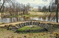 Cascade bridge, Slavyanka river and Pavlovsk Palace.